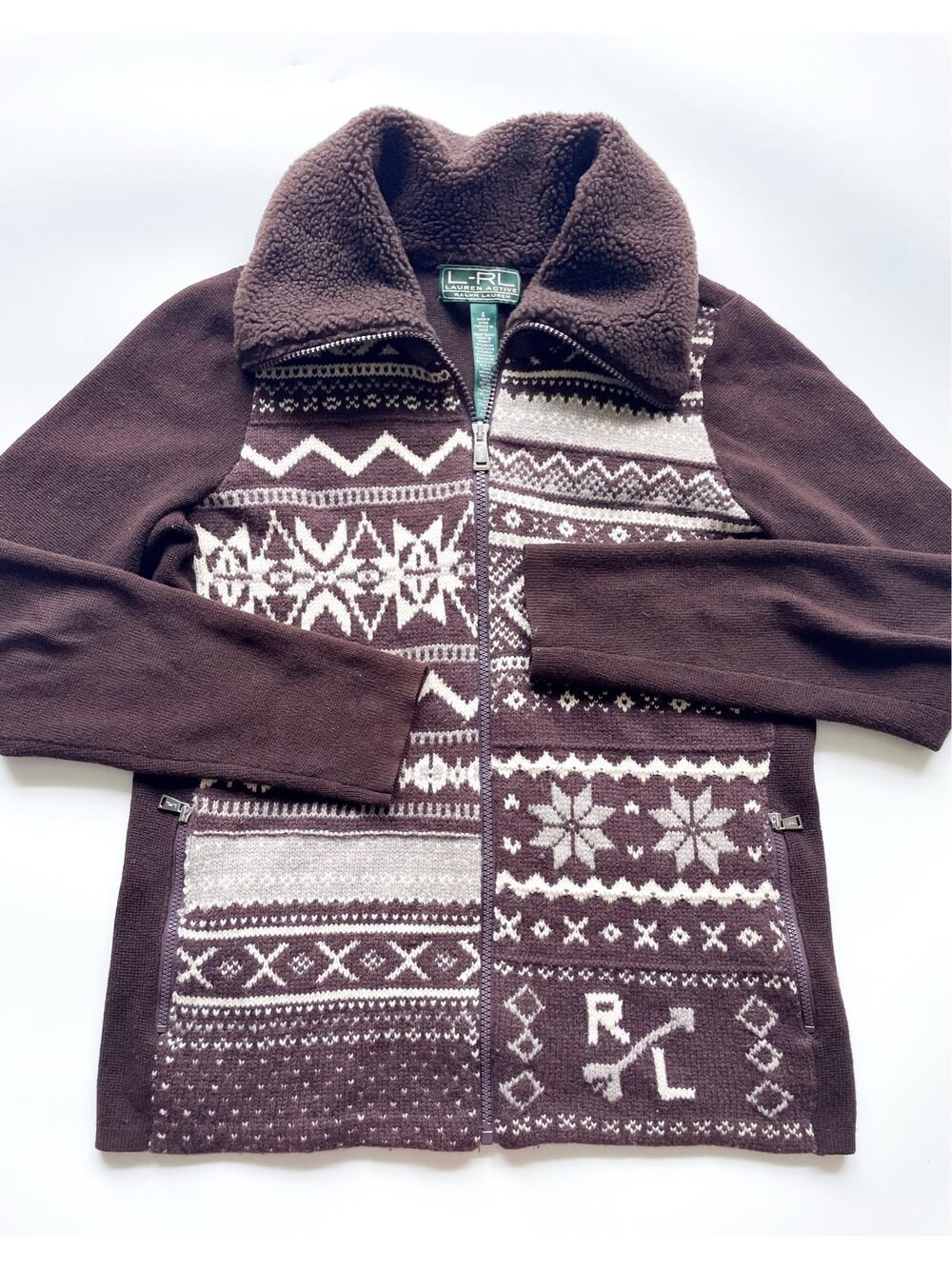 Women's Lauren Ralph Lauren Lambswool Blend Brown Nordic Full Zip Sweater Small